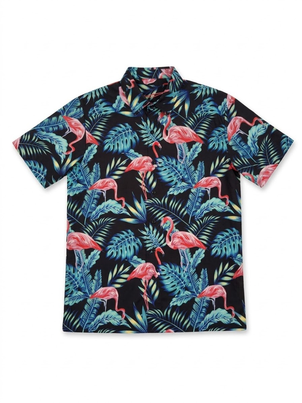 Distortion Men's Black Flamingo Print Short-Sleeve Button-Down Shirt
